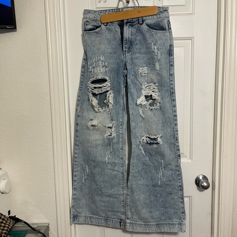 Distressed Light Blue Wide Leg Jeans